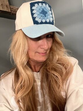 Granny Square Light Denim Blue and Cream Baseball Cap-New